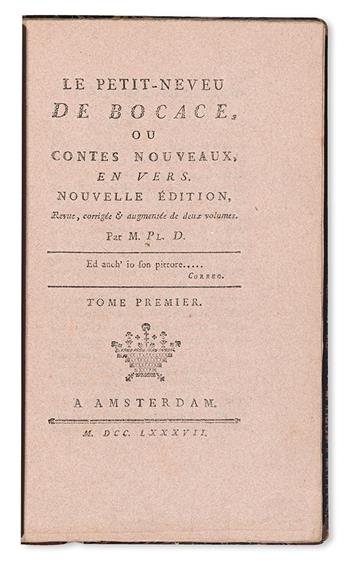 PLUCHON-DESTOUCHES, attributed to.  Le Petit-Neveu de Bocace; ou, Contes Nouveaux, en Vers. 3 vols. 1787. Printed on pink paper.